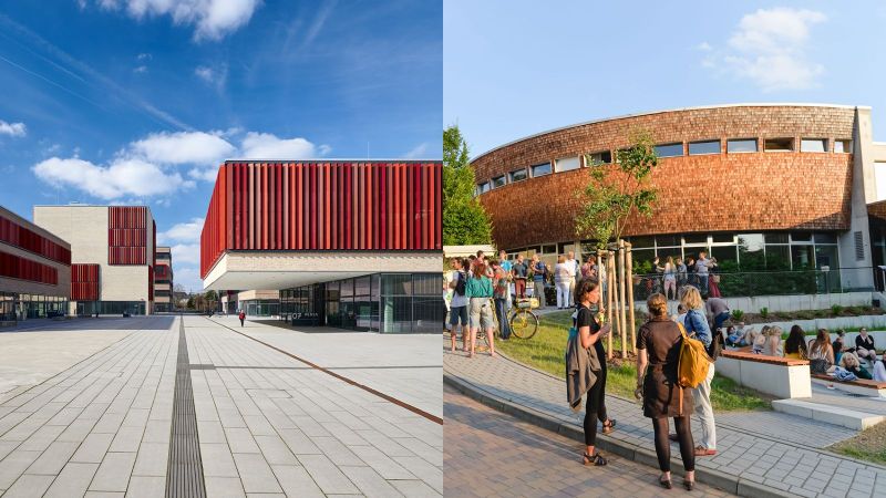 Die Hochschulen Ruhr West (links) und Eberswalde (rechts). Quelle: Daniel Bonsen / Ullrich Wessolek, Collage: PtJ